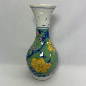 Vintage Chinese Pottery Hand Painted Floral Green Vase Pink Yellow Blue Flowers